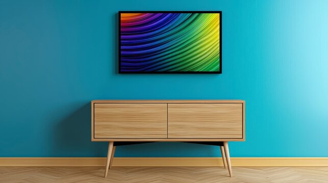 Stylish blue wall with a wooden cabinet creating a modern and sophisticated ambiance in a contemporary living room