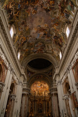 Architecture and painted art on the ceiling at Church of Sant'Ignazio di Loyola in Rome, Italy.