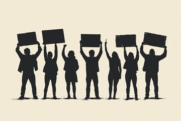 several people silhouette figures in protest, standing with their arms raised in defiance, clenched fists, or holding protest signs