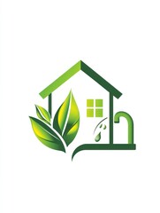 Green House with Leaf and Water Drops Symbolizing Eco-friendly Plumbing