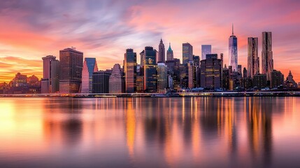 Fototapeta premium The New York skyline at sunset, with the iconic skyscrapers glowing against a vibrant orange and pink sky, reflecting off the East River.