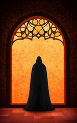 Naklejka premium A vampire standing in a gothic castle, gazing out of a stained-glass window