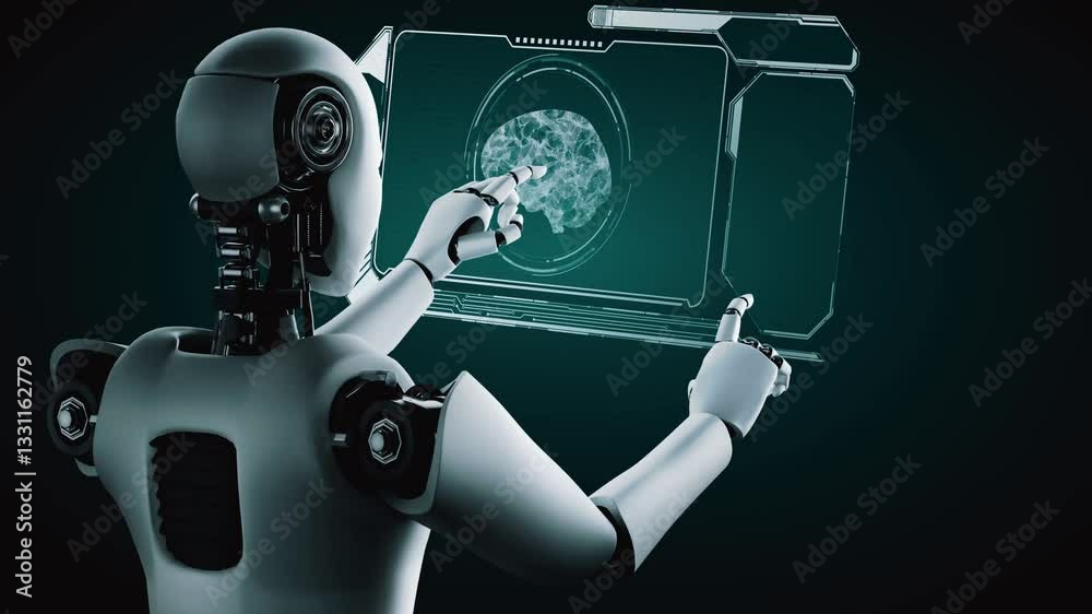 Poster ai hominoid robot touching virtual hologram screen showing concept of ai brain and artificial intell