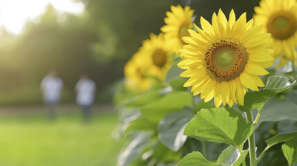 Fototapeta premium Bright sunflowers in lush garden with soft focus on background