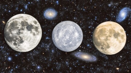 Three Moon Phases Against Starry Night Sky with Galaxies