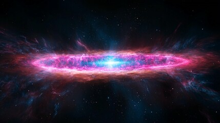 Vibrant pink and blue nebula with bright core in dark space.