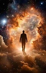 Obraz premium A cosmic traveler walking along a pathway of stardust, surrounded by glowing nebulae