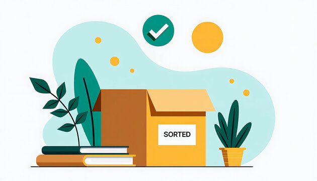 Labeled storage box with "SORTED" text, checklist icon and organized home concept on abstract geometric background
