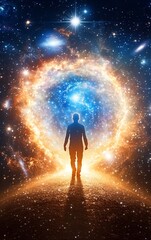 A cosmic traveler walking along a pathway of stardust, surrounded by glowing nebulae