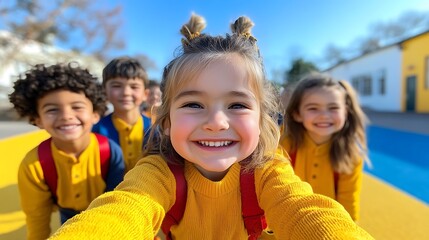 Obraz premium Happy kids in yellow sweaters taking a selfie at school.