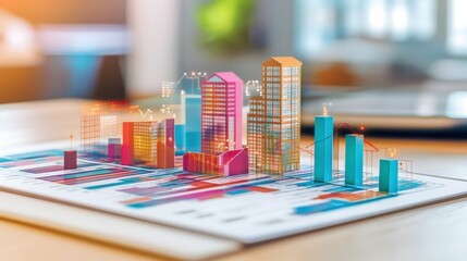 Colorful Miniature Cityscape Model with Data Charts on Wooden Table
