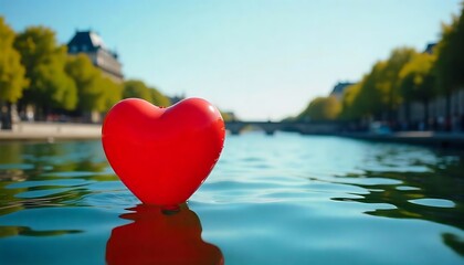 Fototapeta premium A Red Heart Floats Serenely In The Water Of A Scenic Canal