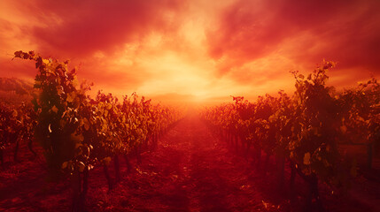 A Scenic Vineyard At Sunrise With Rows Of Grapevine Leaving Copy Space

