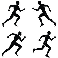 Set of black vector silhouette illustrations capturing diverse running postures of athletes, clearly emphasizing active movements, physical fitness, stamina, and competitive spirit