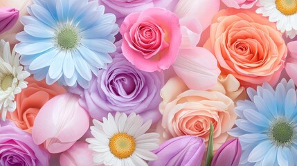 A vibrant and colorful flower wallpaper featuring a mix of roses, daisies, and tulips, with soft pastel tones creating a calming atmosphere.