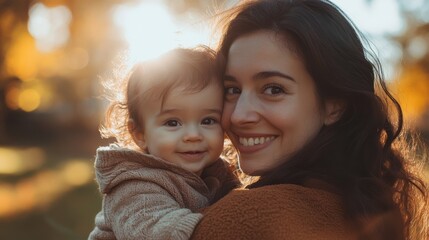 Obraz premium A joyful moment between a mother and her baby, captured in soft lighting with a warm, autumn backdrop.