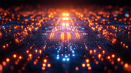 Obraz premium Circuit board glows with vibrant orange and blue lights, network abstract