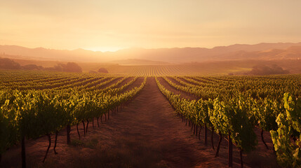Naklejka premium A Scenic Vineyard At Sunset With Rows Of Grapevine Leaving Copy Space