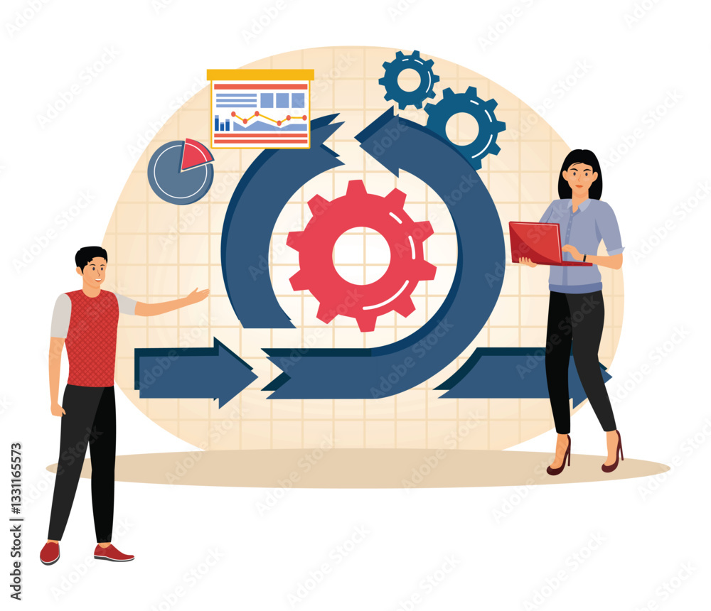Poster agile project management concept. professionals with agile work flow process and charts.