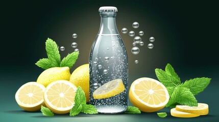 A vector illustration of a bottle of sparkling water with bubbles rising, surrounded by mint leaves and slices of lemon, offering a fresh, clean vibe.