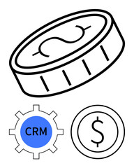 Coin with currency sign, gear labeled CRM, dollar icon. Ideal for finance, CRM, business optimization, investment, customer management monetization market strategy. Flat simple metaphor