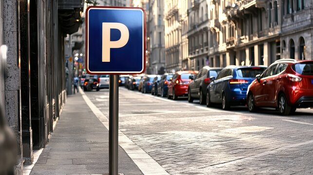 A street view showing a parking sign with a prominent "P" symbol and several cars parked in parallel along a busy urban road.