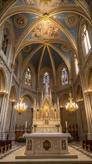 Obraz premium Catholic Church Interior with Altar and Chandeliers - Religious Architecture and Worship Space
