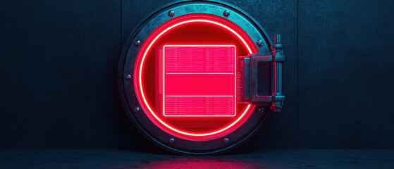 Cybersecurity and Network Security Against Ransomware, glowing red digital vault door symbolizes cybersecurity and network security
