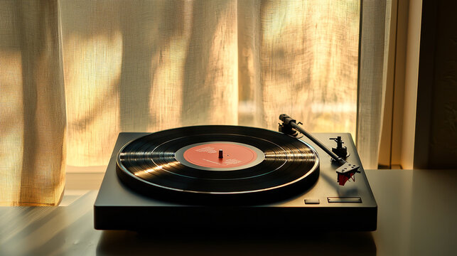 Vinyl record player by sunlit window;  golden hour ambiance