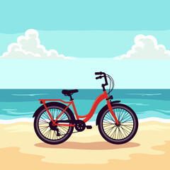Fototapeta premium Red bicycle resting on sandy beach with waves, summer relaxation