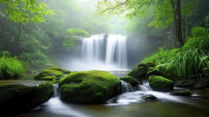 Obraz premium A serene rainforest waterfall cascading down moss-covered rocks, surrounded by dense jungle plants and misty air.