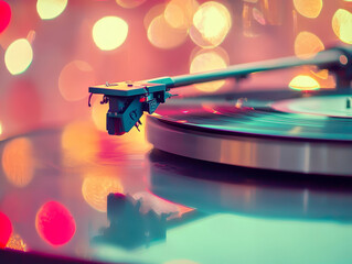 Turntable needle on vinyl, bokeh lights