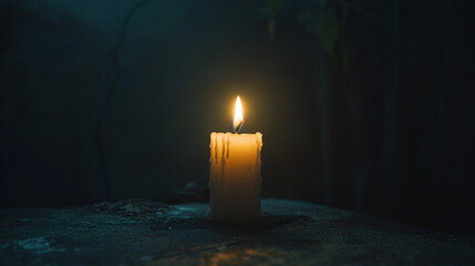 A Single Candle Burning In A Dark Room Leaving Copy Space

