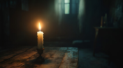 A Single Candle Burning In A Dark Room Leaving Copy Space


