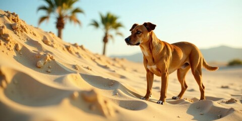 A lone canine explores a sun-drenched sandy landscape, its reddish-brown coat gleaming in the warm light, as palm trees softly blur in the background.
