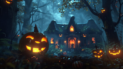 Halloween background with pumpkins and fallen leaves on a wooden backdrop, enhancing the spooky Halloween ambiance.