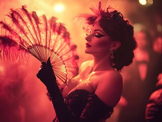 38. **A burlesque performer with a feathered fan dazzling an audience**