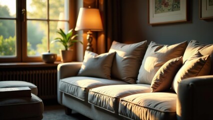 Fototapeta premium Serene Sunlight Illuminates a Comfortable Living Room Sofa with Soft Cushions and a Window View