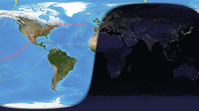 World map divided between day and night, with overlaid lines highlighting the path of a solar eclipse.