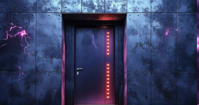 Futuristic steel door entrance with glowing lights, dramatic storm clouds in the background