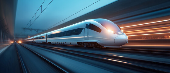 Obraz premium A sleek, high-speed train with streamlined curves and reflective surfaces travels through an urban industrial landscape at night, symbolizing modern transportation, speed, and technological advancemen