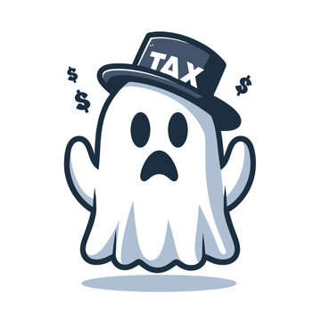 Ghost with tax hat and dollar signs. Vector illustration representing tax burden, financial haunting and inescapable fiscal obligations concepts.