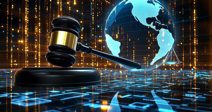 Global digital justice; gavel, scales, Earth on technology background