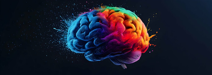 Fototapeta premium vibrant, colorful brain with splashes of paint on it against a dark background.