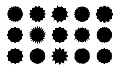 Star round sticker tag icon shape pack. Circle starburst label shape for promo, sale, price offer badge sticker. Round tag shape vector icon. Sale, promo label color design. Vector illustration