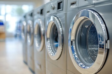 Row of modern washing machines in a store. Shows clean, efficient laundry appliances ready for sale.