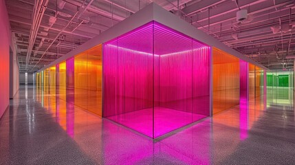 Colorful glass room interior; light reflections. Modern architecture