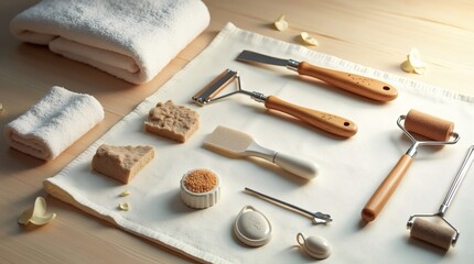 Collection of wellness and personal care tools with towels