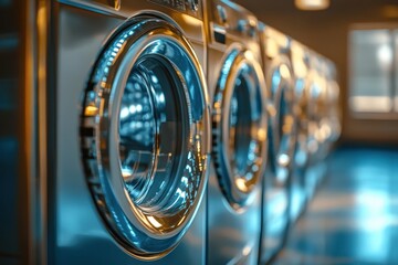 Close-up of modern, metallic washing machines. Illustrates clean laundry, appliance technology, or a laundromat setting.