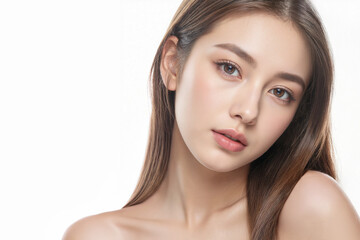 Fototapeta premium Closed-up face of beauty skin woman with silk hair and bare shoulder on white background, Free space for text, Cosmetic ads. 